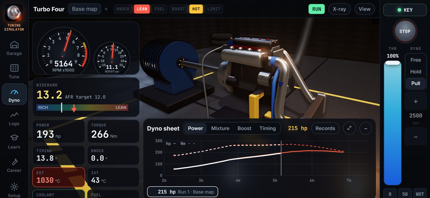 The dyno screen: a turbo four mid-pull with its power curve drawing